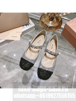Miu Miu Glitter Flats with metal chain and artificial pearl embellishment 
