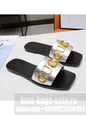Gucci Gold Signature Calfskin Slide Sandals Silver 2021 (For Women and Men) Collection