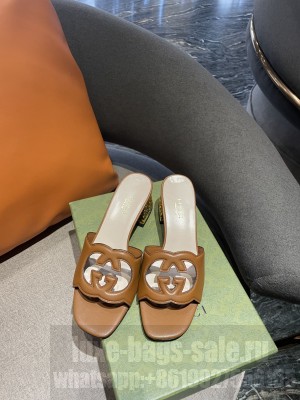 GUCCI 5.5CM INTERLOCKING G CUT-OUT SLIDE SANDALS BROWN 2022 COLLECTION