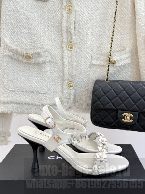 Chanel Calfskin Heel Sandals with Camellia White