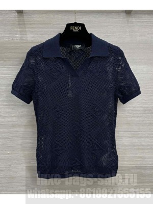Fendi Women's FF Jacquard Polo Top Dark Blue