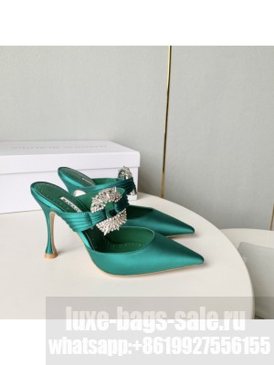 MANOLO BLAHNIK MAIDUGURAUS Green Satin Embellished Buckle Mules