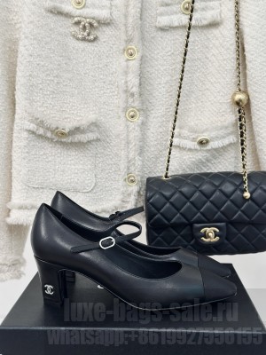 Chanel Lambskin & Grosgrain Mary Jane Pumps Black