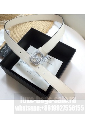 Chanel Leather Belt 30mm with Framed Crystal CC Buckle White  2021 Collection