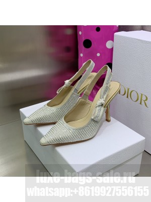 Dior J'Adior Slingback Pumps 9.5cm in Grey Cotton Embroidered with Crystal 2022 Collection