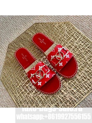 Louis Vuitton Monogram Canvas Espadrille Slide Sandals with Rectangle LV Buckle Red 2021 Collection