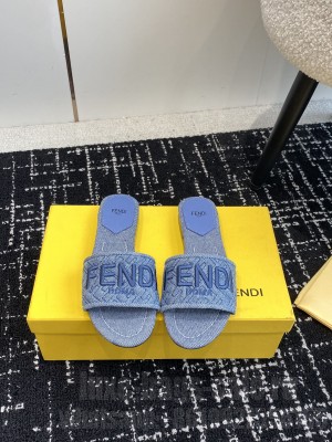 Fendi Signature Flat Slide Sandals Denim Light Blue