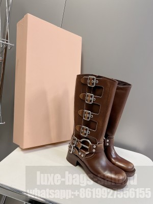 Miu Miu Leather Ankle Boots with Strap Buckle Brown 2023 01