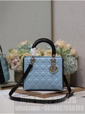 Medium Lady Dior Bag Sky Blue and Steel Gray Cannage Calfskin M0565OWR