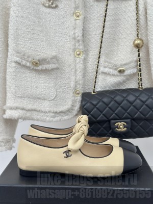 Chanel Lambskin & Patent Leather Mary Janes Ballet Flats with Knot Bow Beige 2025 G46149
