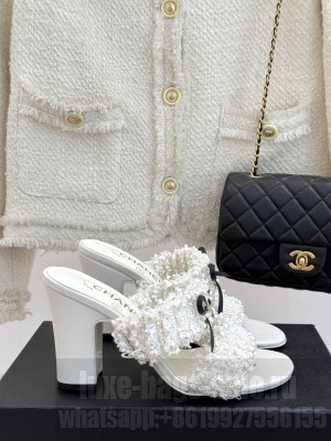 Chanel Tweed & Pearls Heel Slides Sandal 9cm with Bow White 2025