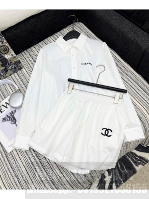 Chanel Women's Letter Embroidered Shirt Shorts Set White