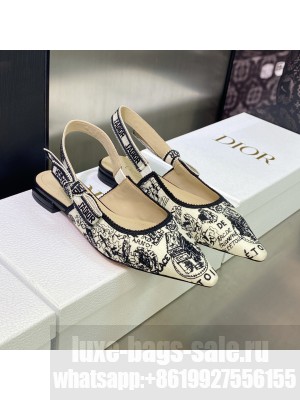 Dior J'Adior Slingback Flat in White and Black Cotton Embroidered with Plan de Paris Motif 2023