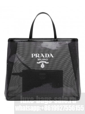 Prada Sequined mesh tote bag 1BG416 Black