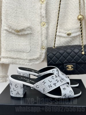 Chanel 4cm Rhinestone Letter Cross Strap Slide Mule Silver 01