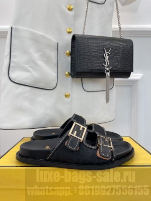 FENDI FEEL Dove gray FF chenille slides Black