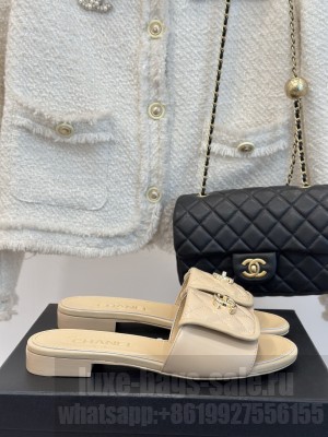Chanel Lambskin Slide Flat Beige