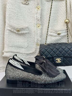 Chanel Glitter with Maxi Bow and Pearls Flat Black