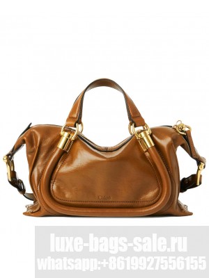 Chloe Small Paraty 24 Bag In Shiny Leather Coffee