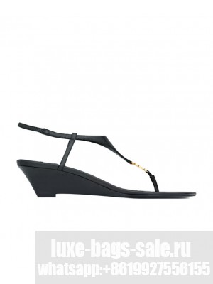 Saint Laurent Le Cassandra Smooth Leather Wedge Sandals Black