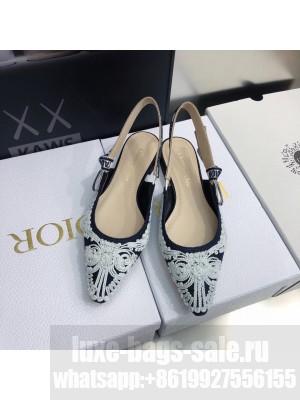 Dior J'Adior Slingback Flat in Deep Blue and White Cornely-Effect Embroidery 2022 Collection