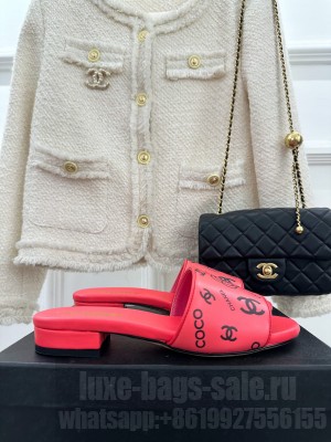 Chanel Logo Printed Calfskin Slide Sandals 2023 Red