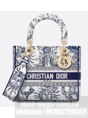 Medium Lady D-Lite Bag White and Navy Blue Toile de Jouy Soleil Embroidery M0565O