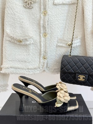 Chanel Suede Camellia Heel Slides Mule Black 2025 