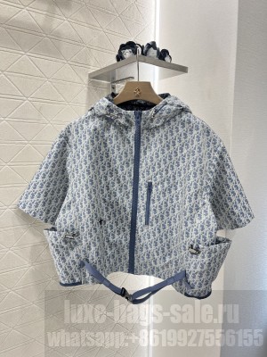 Christian Dior Dioriviera Hooded Short-Sleeved Jacket Blue and White Dior Oblique Jacquard Technical Taffeta