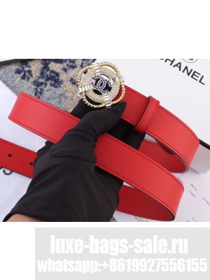 Chanel Width 3cm Crystal Square Buckle Leather Belt Red