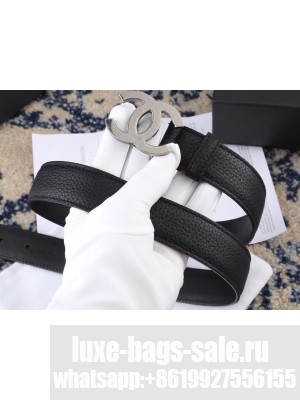 Chanel Width 3cm Leather Belt Black with Silver CC Logo