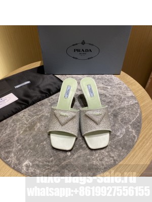 Prada 6cm Satin slides sandals With Cryscals Mule 2022 Collection,Green
