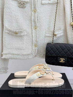 Chanel Tweed Flat Thong Slide Sandals with Charm Beige 2025 G46304