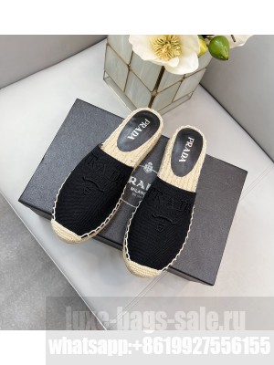 Prada Linen Logo Embroidered Slides Espadrilles Flats 2022 Collection,Black