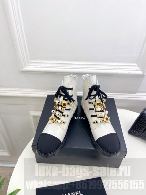 Chanel Calfskin, Grosgrain, Imitation Pearls, Strass & Metal White G45856 Combat Boots 02