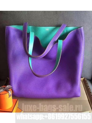 Hermes Double Sens Shopping Tote Bag In Original Togo Leather Purple/Ocean Green