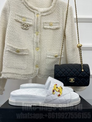 Chanel Quilted With CC Diamond Buckle Flat Slide Sandals White