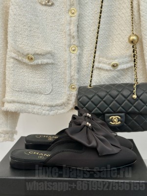 Chanel Satin Flat Mules with Maxi Bow Black 2024  