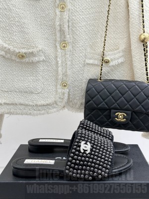 Chanel Slide CC With Pearls Mule Black