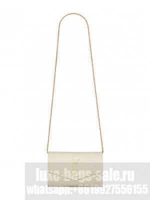 Saint Laurent Uptown Chain Wallet In Crocodile-Embossed Shiny Leather White