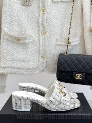 Chanel Tweed slides sandals with cc logo white