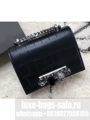 Alexander Mcqueen Small Jewelled Satchel Bag Embossed Croc Black/Silver