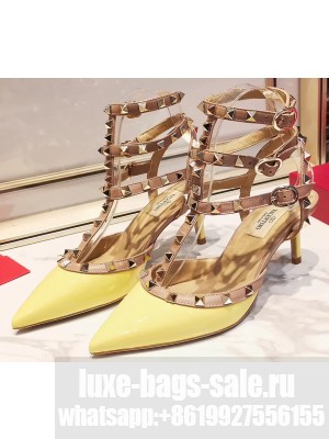 Valentino Heel 9.5cm Rockstud Caged Ankle Strap Pumps in Patent Leather Yellow