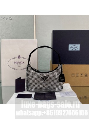 Prada Crystal Hobo Bag 22cm 6641 Nylon Leather Cruise 2021 Collection, Black
