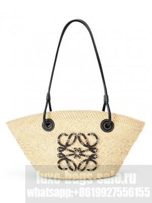Loewe Small Anagram Basket Bag In Iraca Palm And Calfskin Black