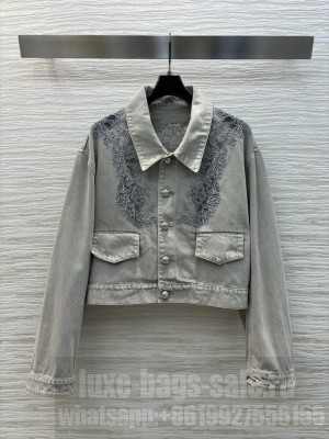 Ermanno Scervino Lace Hollow Embroidered Denim Jacket Gray