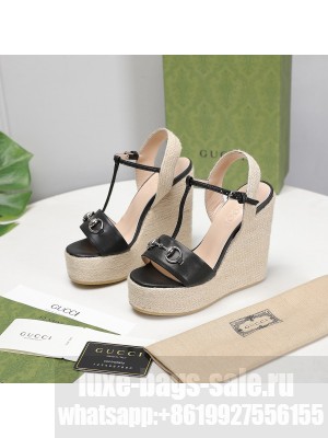 Gucci Calfskin 13cm black Espadrilles Wedge Sandals 2021 Collection