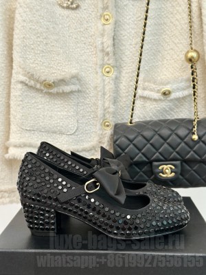 Chanel Satin & Strass Mary Janes 5cm Pumps with Bow Black 