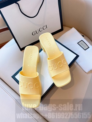 GUCCI HEEL 5.5CM PLATFORM 2.5CM EMBOSSED LOGO RUBBER SLIDE SANDALS YELLOW