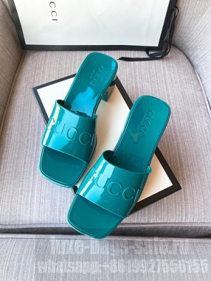 GUCCI HEEL 5.5CM PLATFORM 2.5CM EMBOSSED LOGO RUBBER SLIDE SANDALS GREEN